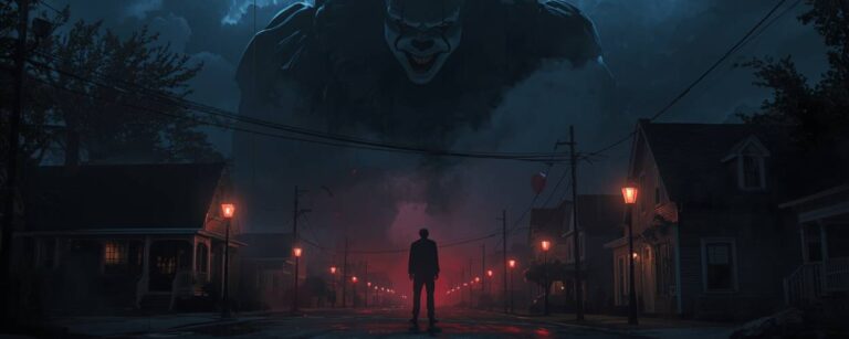 Düstere Straßenszene in Derry: Ein Mann steht im Regen, während Pennywise als gigantischer Schatten im Gewitterhimmel über der Stadt lauert. Rote Ballons schweben unheilvoll zwischen den Häusern.