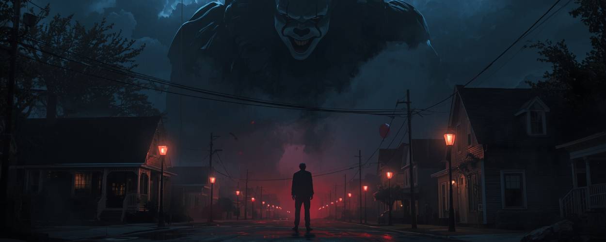 Düstere Straßenszene in Derry: Ein Mann steht im Regen, während Pennywise als gigantischer Schatten im Gewitterhimmel über der Stadt lauert. Rote Ballons schweben unheilvoll zwischen den Häusern.