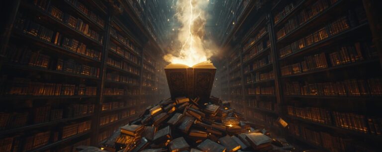 Ein gigantisches Sturmlicht-Buch sprüht Blitze in einer Bibliothek, während ein Haufen zerfallender Fantasy-Bände zu seinen Füßen liegt.