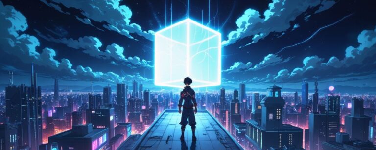 Ein leuchtender Würfel über einer Neonstadt, während ein junger Kämpfer im Schatten der Hochhäuser steht – Super Cube im Donghua-Stil.