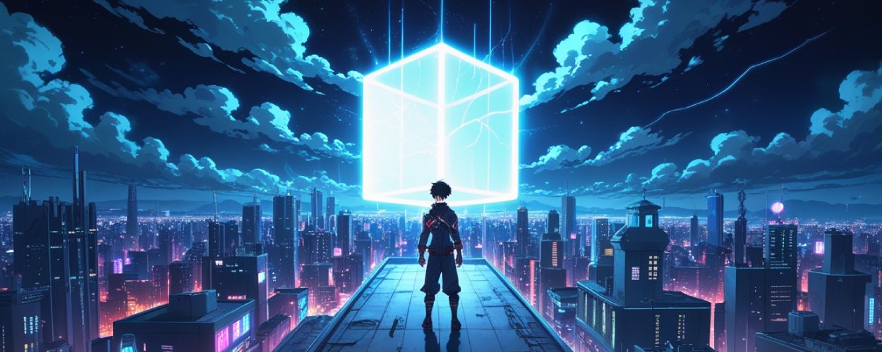 Ein leuchtender Würfel über einer Neonstadt, während ein junger Kämpfer im Schatten der Hochhäuser steht – Super Cube im Donghua-Stil.