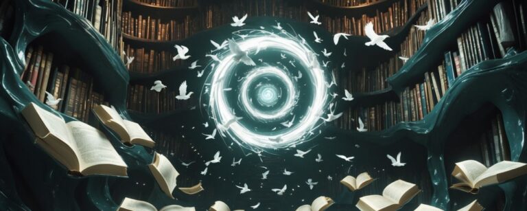 Eine verzerrte, magisch-surreale Bibliothek mit schwebenden Büchern, Runenlichtern und einem zentralen Buch, das Raum und Realität verbiegt – visuelle Metapher für bewusstseinserweiternde Fantasy.