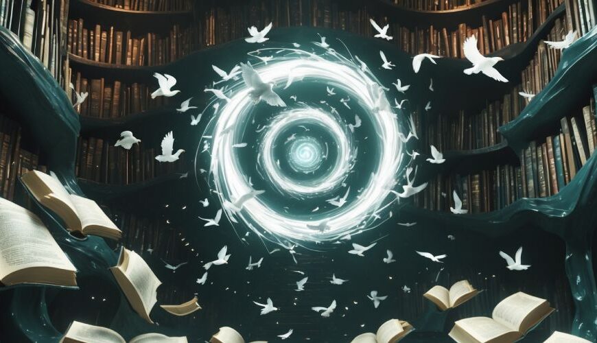 Eine verzerrte, magisch-surreale Bibliothek mit schwebenden Büchern, Runenlichtern und einem zentralen Buch, das Raum und Realität verbiegt – visuelle Metapher für bewusstseinserweiternde Fantasy.
