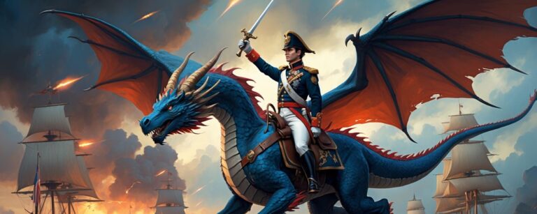 Ein napoleonischer Offizier in blauer Galauniform steht auf einem fliegenden Drachen mit Federflügeln – unter ihnen tobt eine Seeschlacht. Magiepfeile durchzucken den Himmel – historisches Fantasyepos trifft Magic-Vibes.