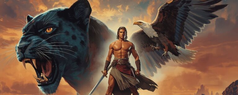 A painted retro-style fantasy movie poster composition. A muscular barbarian hero holding a sword stands between a fierce black panther and a soaring eagle, with a mystical desert landscape in the background. Warm 1980s VHS cover tones, cinematic, ultra wide, no text.