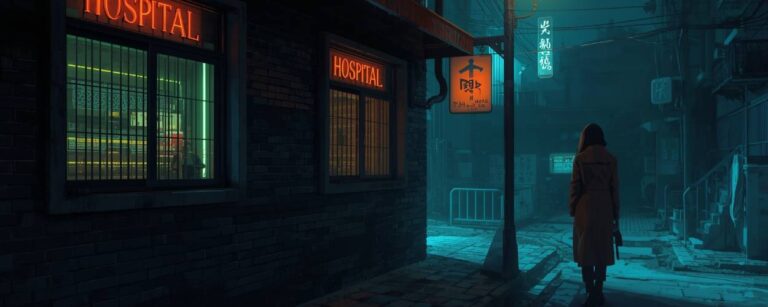 Nächtliche Straßenszene in Seoul mit beleuchtetem Krankenhausfenster, Neonlichtern und einer Frau im Trenchcoat unter einer Straßenlaterne – Symbolbild zu The Midnight Shift.