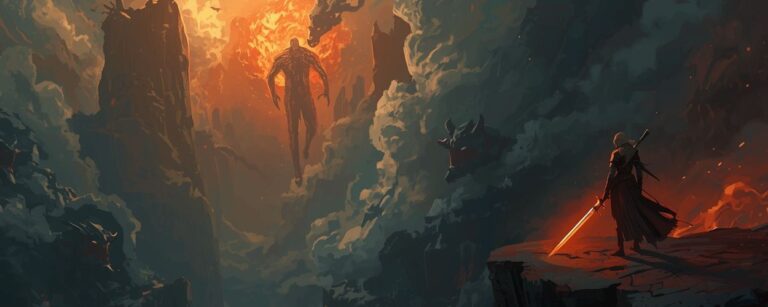 Eine Kriegerin mit flammendem Schwert steht am Abgrund, im Hintergrund steigt ein gigantisches Biest aus Feuer und Rauch – Graphic Novel Therion.