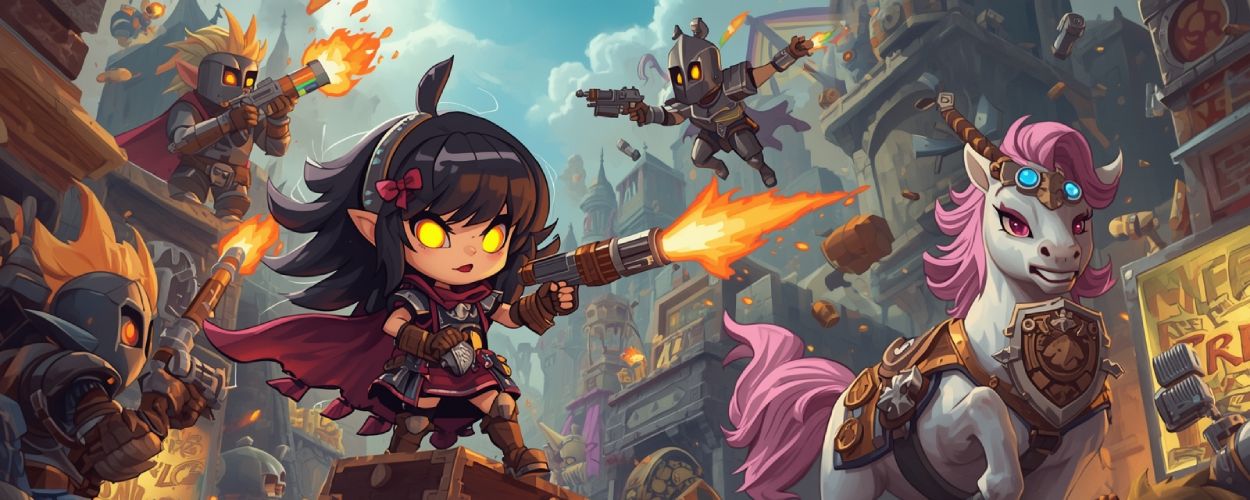 Tiny Tina mit leuchtenden Augen ballert auf einer Schatztruhe, während ein pinkes Einhorn in Rüstung über das Chaos springt – Sinnbild für Gearbox’ Fantasy-Shooter-Mix.