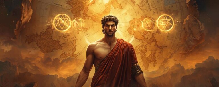 Griechischer Held in roter Toga vor antiker Weltkarte mit leuchtenden Mastery-Symbolen – episches Motiv zu Titan Quest 2 Roadmap.