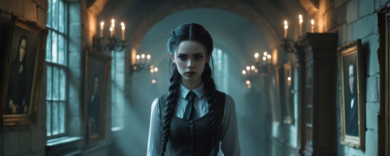 Gothic-Mädchen mit langen Zöpfen in düsterem Internatsflur, von Kerzenlicht umgeben, im Fantasy-Stil.