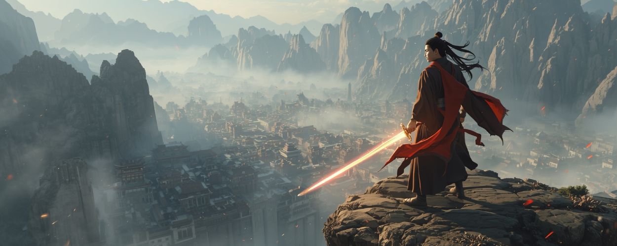 Ein junger Wuxia-Krieger mit flammendem Schwert steht auf einem Felsen und blickt über eine kaiserliche Stadt im Nebel – Where Winds Meet.