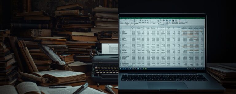 Ein chaotischer Schreibtisch mit Manuskripten und Schreibmaschine neben einem Laptop mit offener Excel-Tabelle – Martin vs. Sanderson.