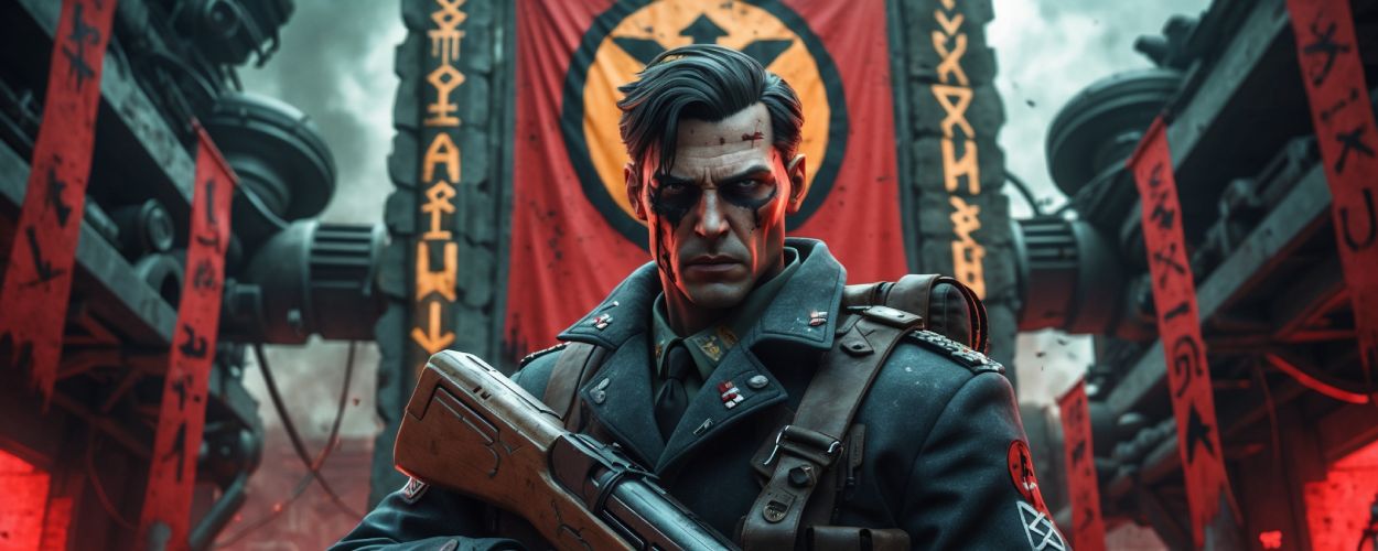 Ein düsterer Widerstandskämpfer mit Kampfuniform und futuristischem Gewehr steht vor einem okkulten Nazi-Tempel voller Runen, Bannern und Maschinen – stilisierte Interpretation der Wolfenstein-TV-Serie von Amazon.