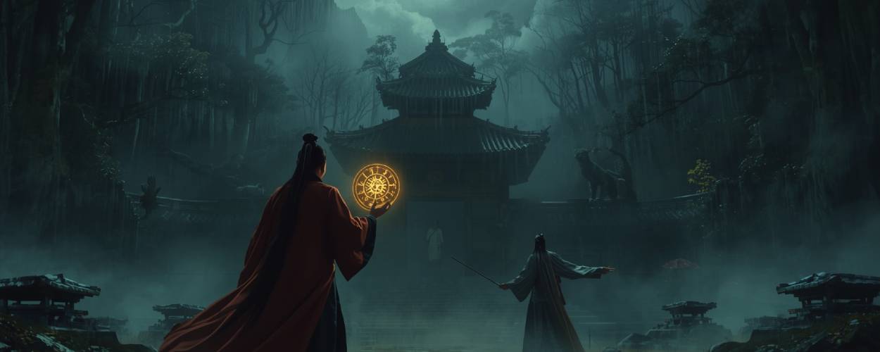 Joseon-Fantasy mit Magier Woochi und Schamanin Myoan im nebligen Wald – traditionell koreanisches Setting in epischer Stimmung.