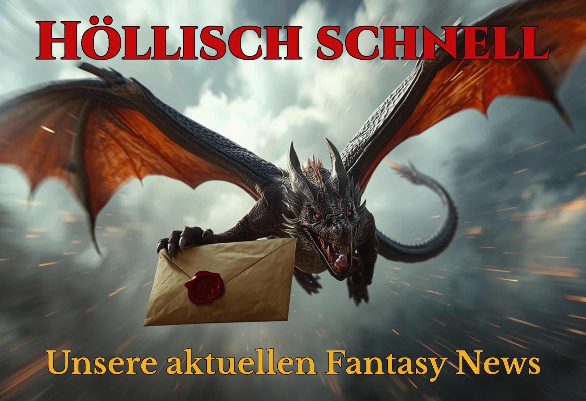 Ein wilder schwarzer Drache fliegt durch Rauch und Funken und trägt einen versiegelten Umschlag im Maul. Symbolbild für aktuelle Fantasy-Nachrichten.