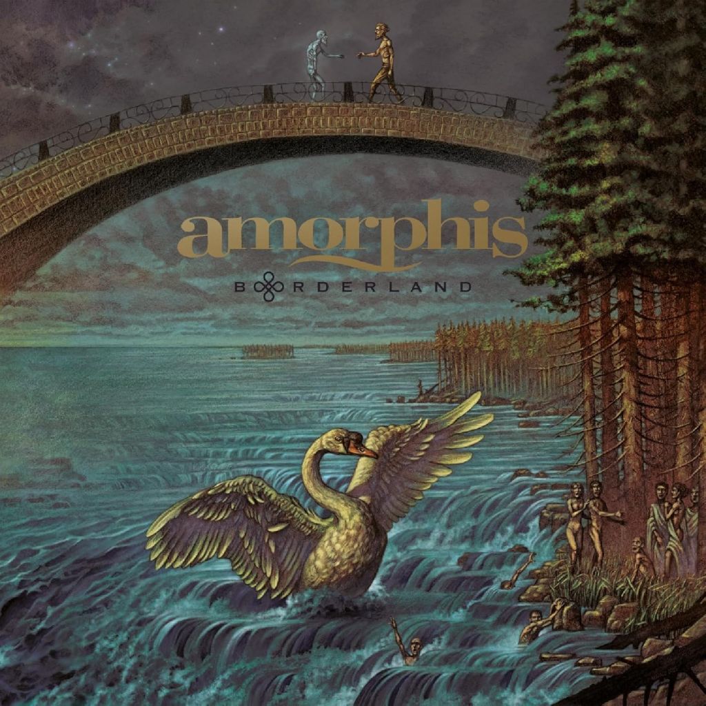 Cover-Artwork von Amorphis – Borderland: Ein mythischer Schwan erhebt sich aus aufgewühlten Fluten, während auf einer steinernen Brücke zwei Figuren – halb Mensch, halb Statue – einander begegnen. Am Ufer drängen sich geisterhafte Gestalten zwischen uralten Bäumen. Sinnbild für Übergänge, Mythen und die melancholische Welt der Finnen.