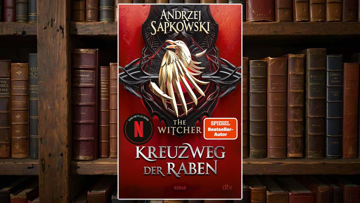 Cover von Kreuzweg der Raben von Andrzej Sapkowski: Dominantes Rot-Schwarz-Design mit goldenem Rabensymbol im Zentrum, darüber der Schriftzug The Witcher. Netflix-Logo und Spiegel-Bestseller-Sticker ergänzen den Look, Prequel-Atmosphäre voller Wucht und Mythos.
