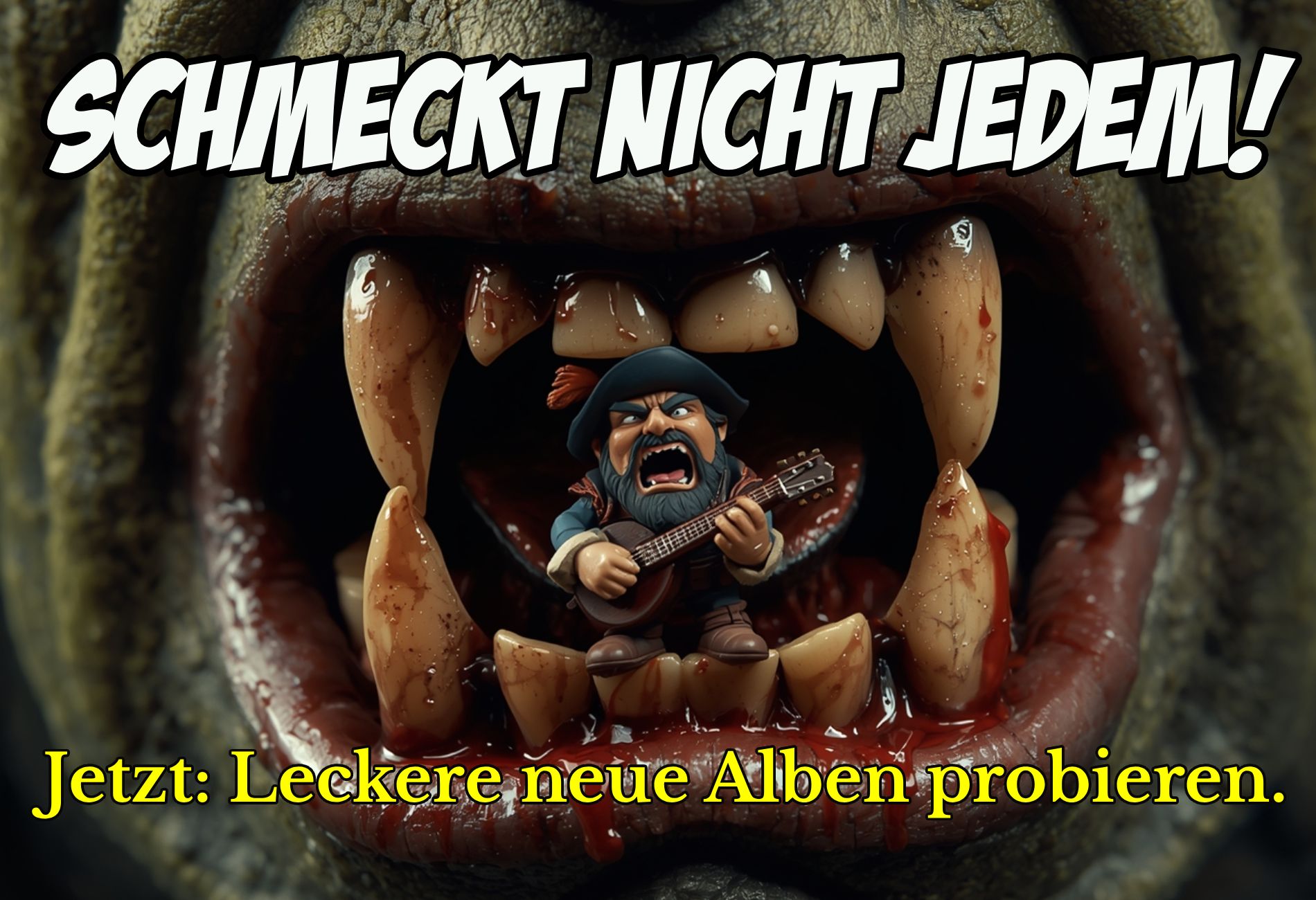 Ein kleiner wütender Barde mit Laute steht zwischen den blutigen Zähnen eines riesigen Monsters, dazu der Schriftzug: Schmeckt nicht jedem!