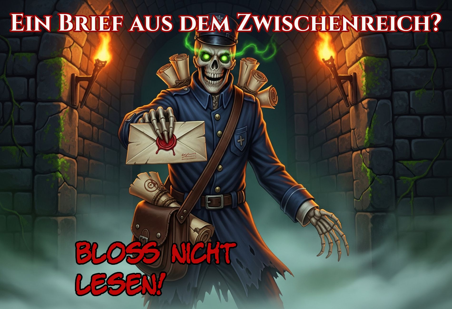 Untoter Briefträger reicht dem Betrachter einen versiegelten Brief entgegen, umgeben von Nebel und Fackeln – Fantasy-Werbebanner für die Rubrik „Briefe aus dem Zwischenreich“ auf fantasykosmos.de.