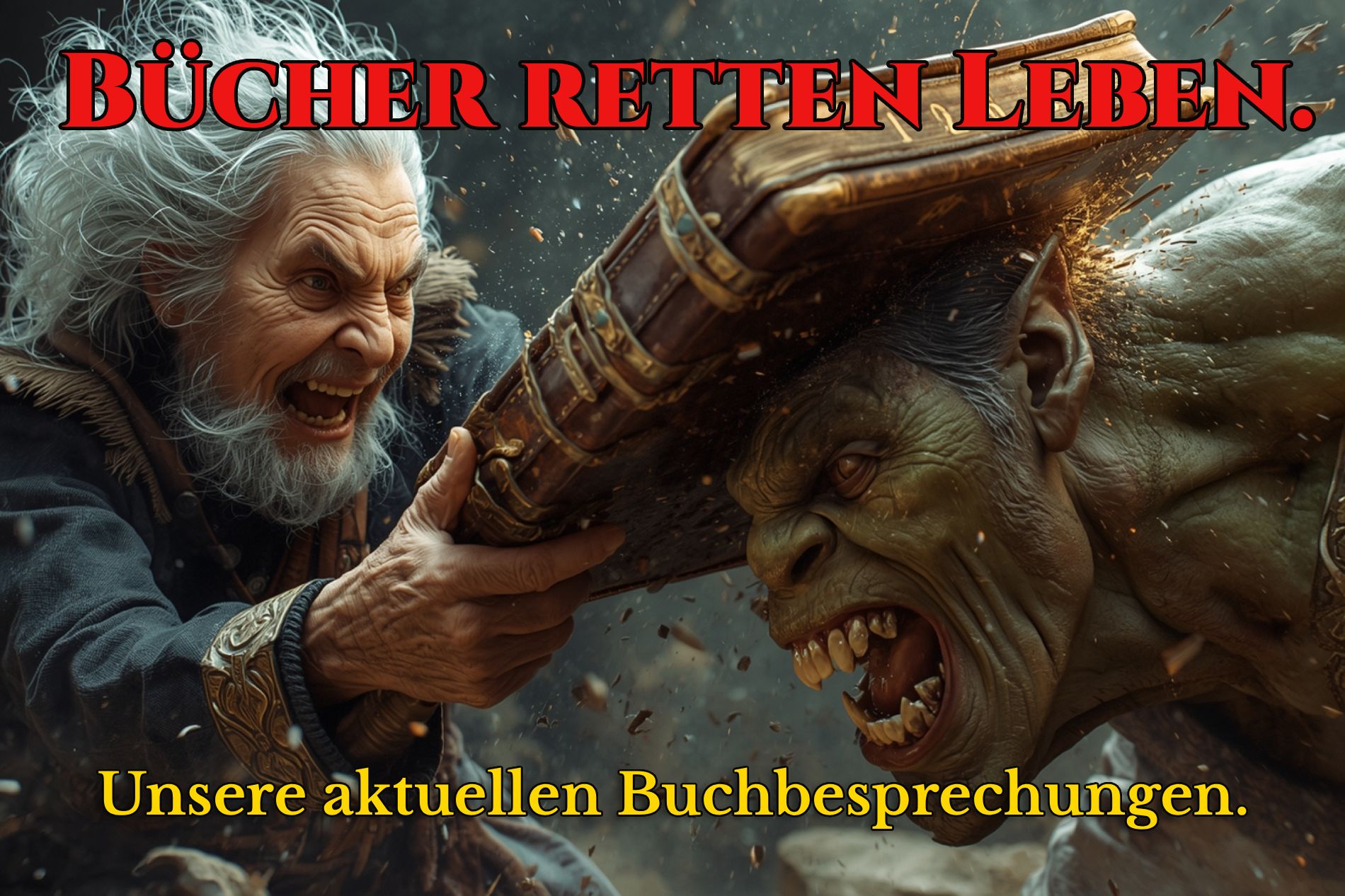 Dynamisches Fantasy-Banner: Eine entschlossene alte Frau schlägt einem wütenden Ork mit einem riesigen antiken Buch auf den Kopf. Über der Szene steht der Schriftzug „Bücher retten Leben.“ – darunter der Hinweis „Unsere aktuellen Buchbesprechungen.“