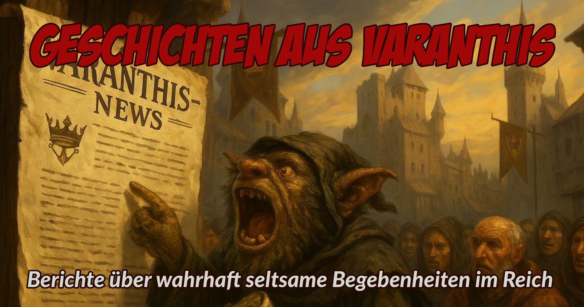Ein wütender Goblin zeigt auf eine Pergamentrolle mit der Aufschrift ›Varanthis News‹, während eine Menschenmenge im Hintergrund die Szene verfolgt.