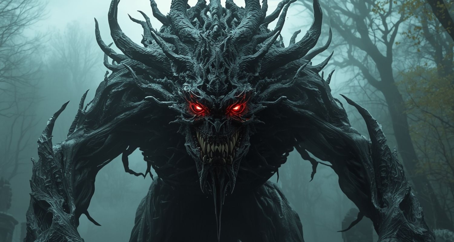 Eine monströse Kreatur aus schwarzem Wurzelholz mit glühend roten Augen lauert im Nebelwald.