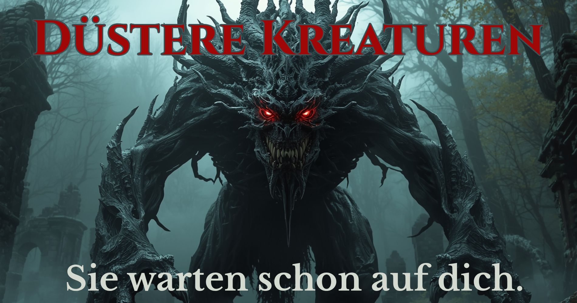 Eine monströse Kreatur mit glühend roten Augen und dornenartigem Körper lauert bedrohlich in einer nebligen Ruinenlandschaft.