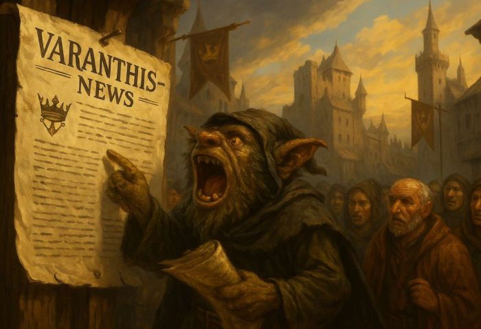 Ein schreiender Goblin zeigt auf ein Pergament mit der Schlagzeile Varanthis-News, während Menschen im Hintergrund gespannt lauschen.