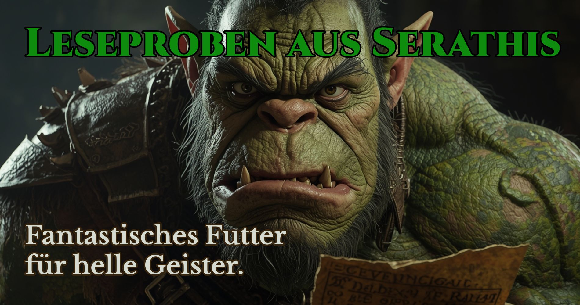Ein grimmig dreinblickender Oger hält ein beschriebenes Stück Pergament in der Hand und starrt direkt in die Kamera.
