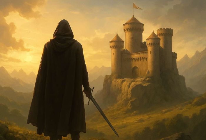 Ein in einen dunklen Umhang gehüllter Wanderer blickt in der Abendsonne auf ein Schloss am Rand einer Berglandschaft.