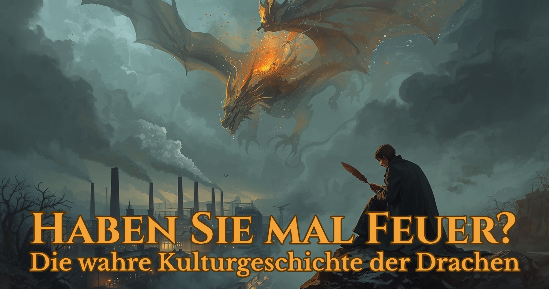 Feuerspeiender Drache fliegt über düstere Industrielandschaft, während ein Mann mit Feder schreibt – Sinnbild für die Kulturgeschichte der Drachen.