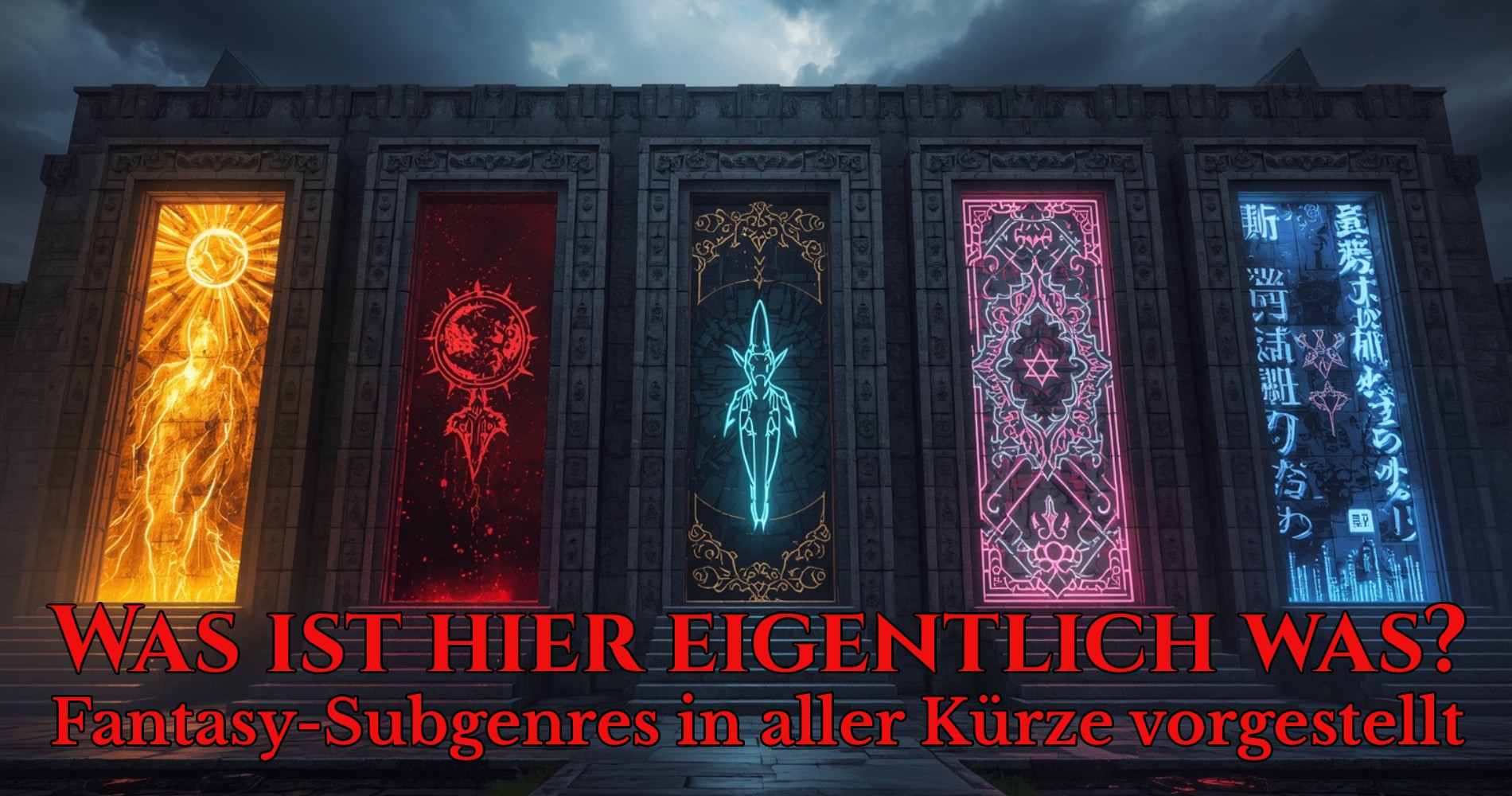 Fünf farbig leuchtende Portale in einer monumentalen Steinwand repräsentieren die Subgenres der Fantasy – High Fantasy, Grimdark, Urban, Romantasy und LitRPG.
