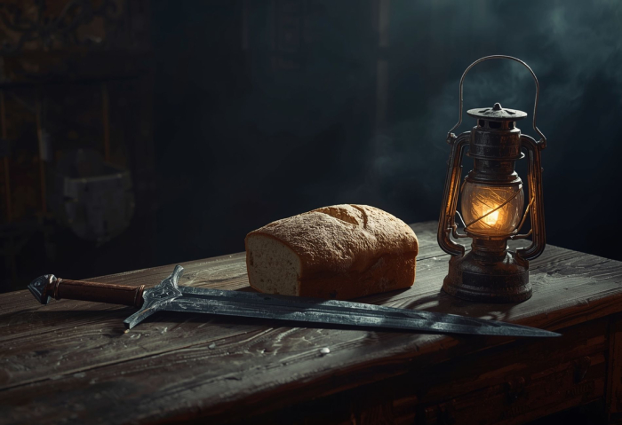 Fantasy Stillleben. Auf einem Holztisch liegen ein Schwert, ein Laib Brot und eine alte Laterne.