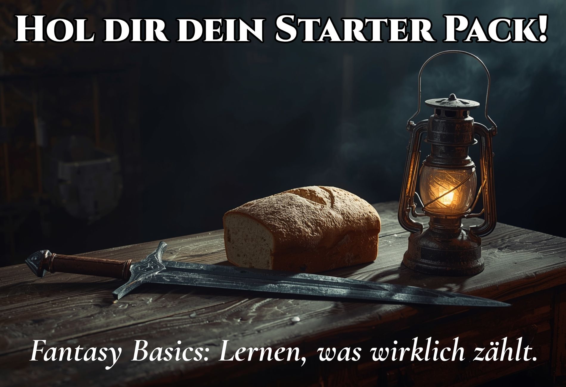 Hyperrealistisches Fantasy-Stillleben: Ein rostiges Schwert, ein Brotlaib und eine alte Laterne liegen auf einem Holztisch, dramatisch im Licht inszeniert. Symbolisches Starter-Pack für Fantasy-Abenteuer.