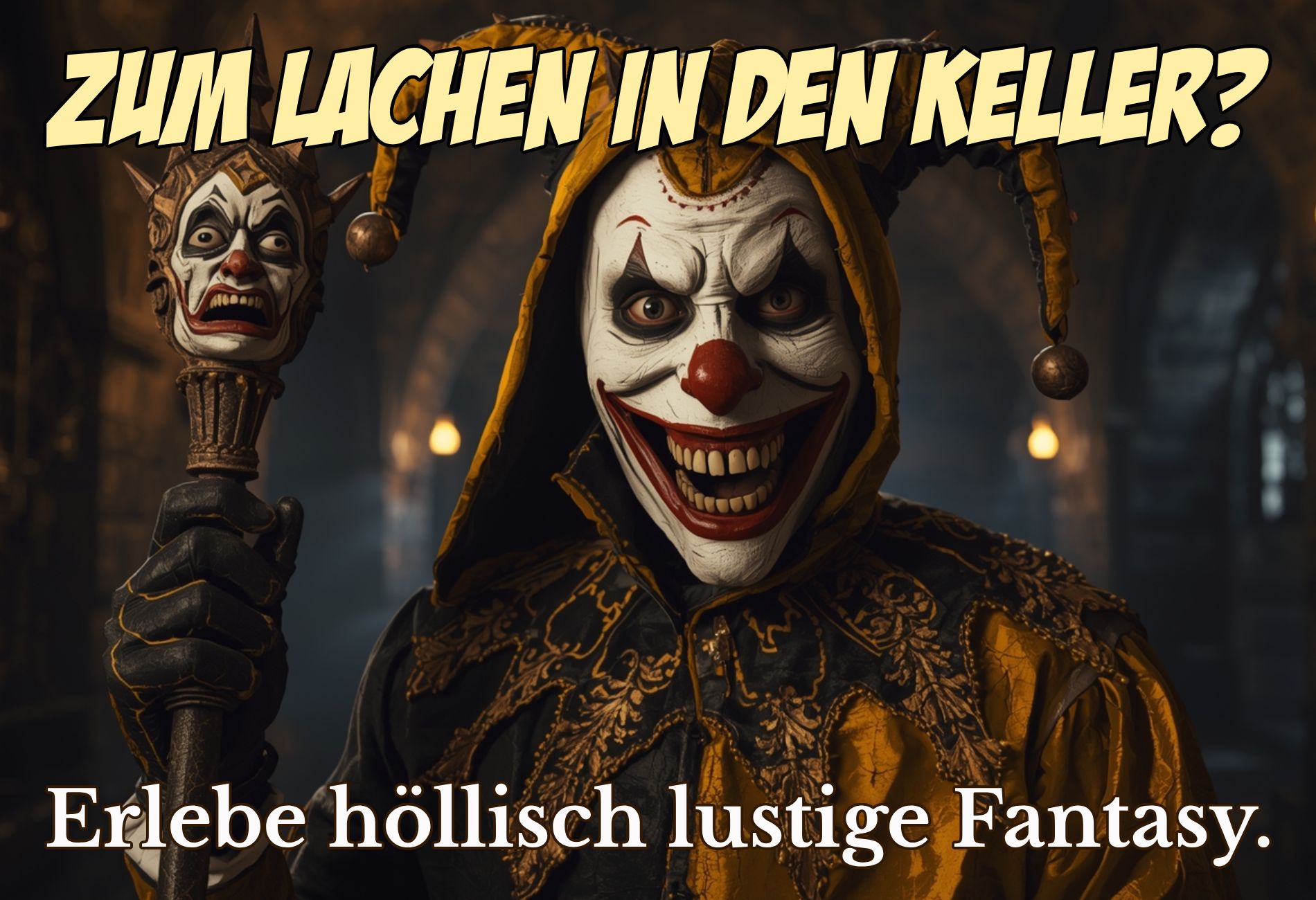 Ein finsterer Hofnarr mit Clownsgesicht und spitzem Narrenzepter grinst bedrohlich in einem dunklen, mittelalterlichen Gewölbe. Darüber steht der Schriftzug: ‚Zum Lachen in den Keller?‘, darunter: ‚Erlebe höllisch lustige Fantasy.