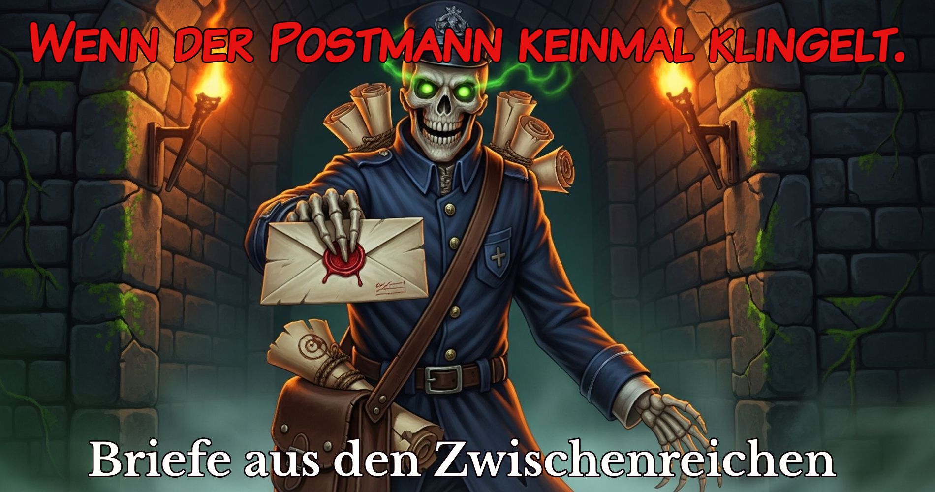 Ein skelettierter Postbote mit glühend grünen Augen hält einen versiegelten Brief entgegen. Um ihn herum leuchten Fackeln in einem dunklen Kerker. Text: ‚Wenn der Postmann keinmal klingelt. Briefe aus den Zwischenreichen.