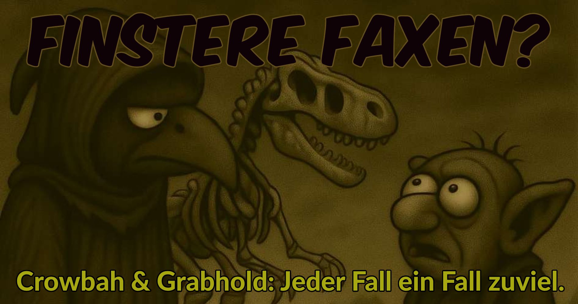 Cartoonhafte Szene mit Krähenfigur in Kapuze, Skelett-Dino und erstauntem Goblin im sepiafarbenen Stil.
