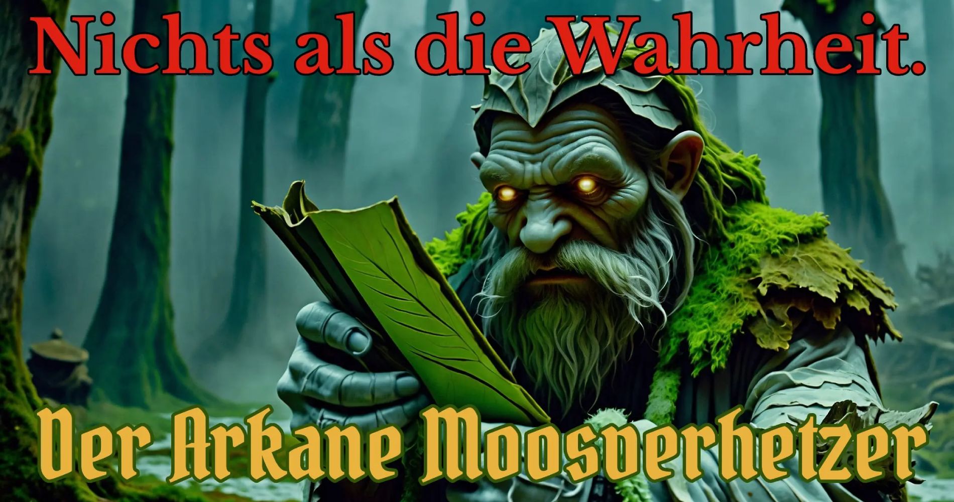 Moosbedeckter alter Waldschamane mit leuchtenden Augen liest aus einem grünen Blattpergament.