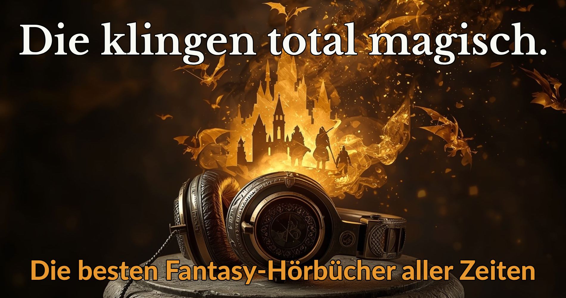 Ein Paar antik verzierter Kopfhörer auf einem steinernen Sockel. Aus den Ohrmuscheln strömt goldenes Licht, das sich in die Silhouetten von Burgen, Helden und Drachen verwandelt – Sinnbild für die Magie von Fantasy-Hörbüchern.