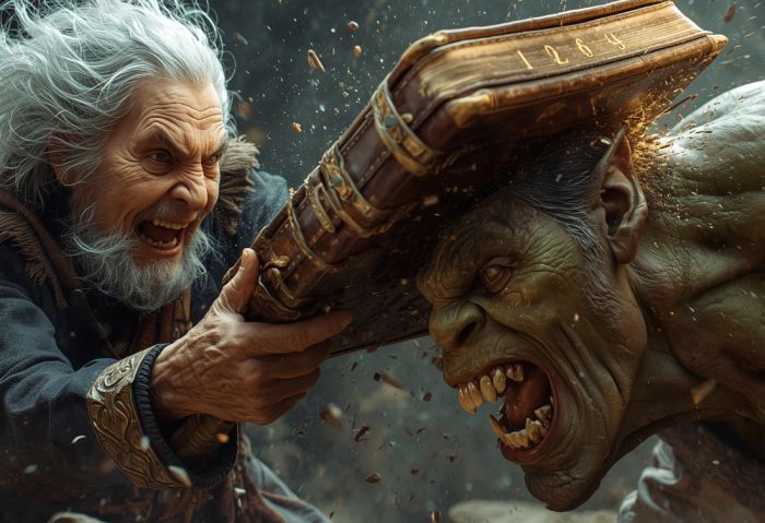 Dynamisches Fantasy-Banner: Eine entschlossene alte Frau schlägt einem wütenden Ork mit einem riesigen antiken Buch auf den Kopf. 