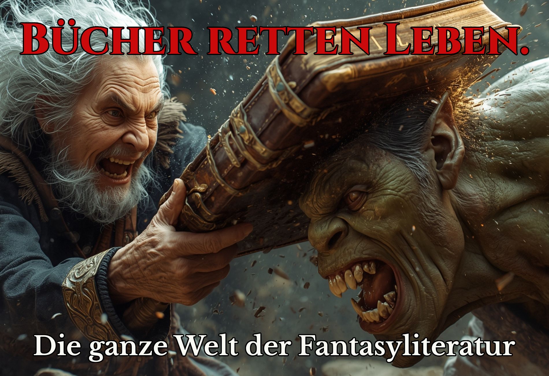 Dynamisches Fantasy-Banner: Ein entschlossener alter Mann schlägt einem wütenden Ork mit einem riesigen antiken Buch auf den Kopf. Hier wird die macht der Fantasy Literatur gezeigt. Headline: Bücher retten Leben!