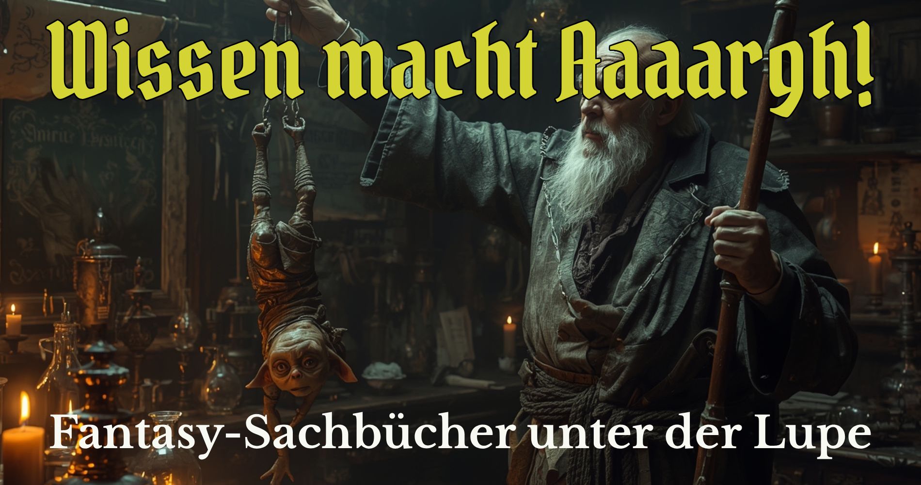 Ein finsterer Gelehrter hält in einem alten Labor einen zappelnden Goblin kopfüber an einem Seil, während er mit ernster Miene einen Maßstab in der Hand trägt. Auf dem Tisch liegen geöffnete Bücher, Kerzen flackern, Wissen wird hier buchstäblich zur Folterkammer. Banneraufschrift: ‚Wissen macht Aaaaargh!‘ – Fantasykosmos Sachbücher.