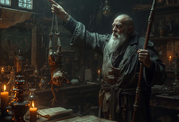 Ein finsterer Gelehrter hält in einem alten Labor einen zappelnden Goblin kopfüber an einem Seil, während er mit ernster Miene einen Maßstab in der Hand trägt. Auf dem Tisch liegen geöffnete Bücher, Kerzen flackern, Wissen wird hier buchstäblich zur Folterkammer. Fantasykosmos Sachbücher.