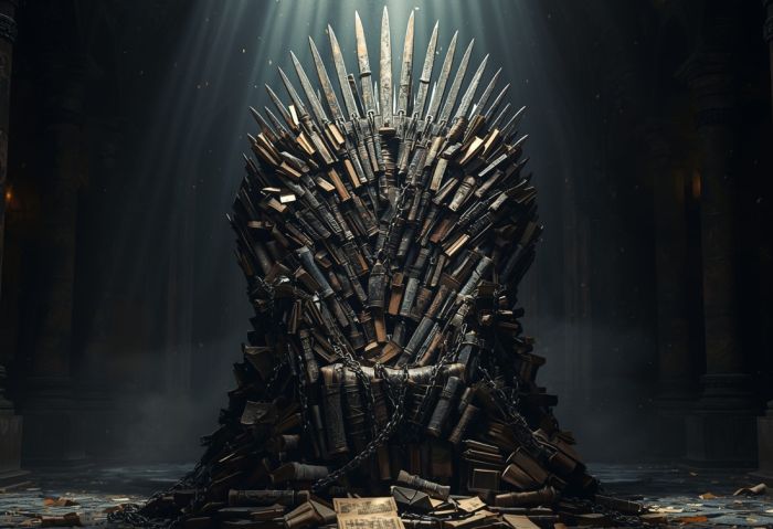 Ein monumentaler Thron aus alten Büchern und Ketten, von Lichtstrahlen dramatisch erleuchtet. Darüber der Schriftzug ‚Machtvolle Stimmen der Fantasy‘ – Symbol für die prägendsten Autorinnen und Autoren des Genres.