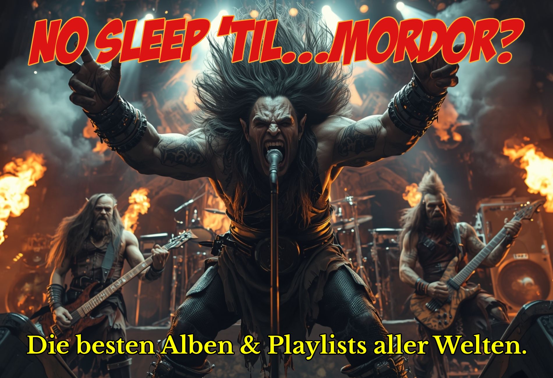 Fantasy-Metal-Band auf der Bühne: Ein wild schreiender Sänger mit wehenden Haaren greift ins Publikum, flankiert von Gitarristen, während hinter ihnen Flammen lodern. Darüber der Slogan ‚No Sleep ’Til… Mordor?‘, unten der Zusatz ‚Die besten Alben & Playlists aller Welten.