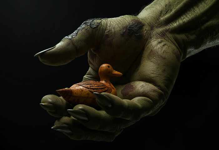 Grüne Monsterhand hält eine kleine Holzente. So werden die Fantasygeschichten für Kinder symbolisiert.