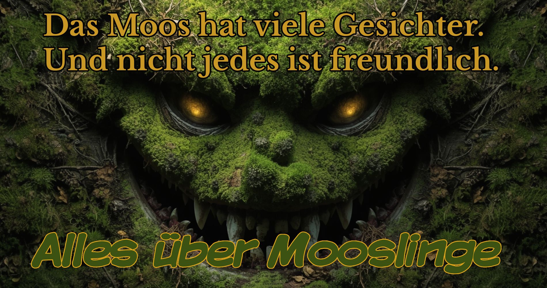 Moosbedecktes, dämonisch grinsendes Gesicht mit leuchtenden Augen und scharfen Zähnen, darüber der Text: Das Moos hat viele Gesichter. Und nicht jedes ist freundlich. Darunter: Alles über Mooslinge.