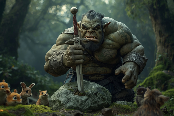 Moosbedecktes, dämonisch grinsendes Gesicht mit leuchtenden Augen und scharfen Zähnen.