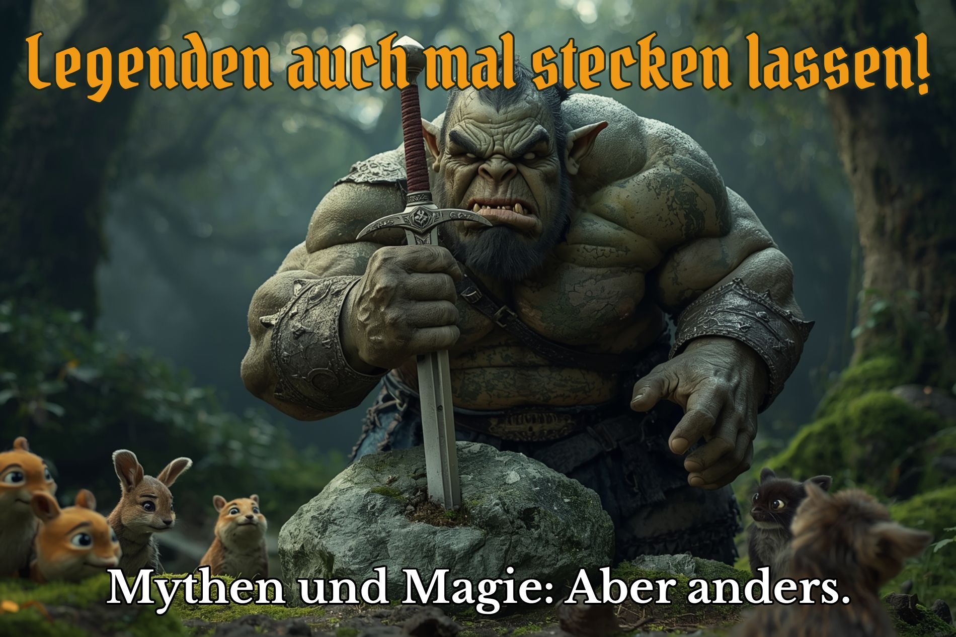 Ein grimmiger Oger versucht, ein Schwert aus einem Stein zu ziehen, während kleine Waldtiere neugierig und furchtlos zuschauen.