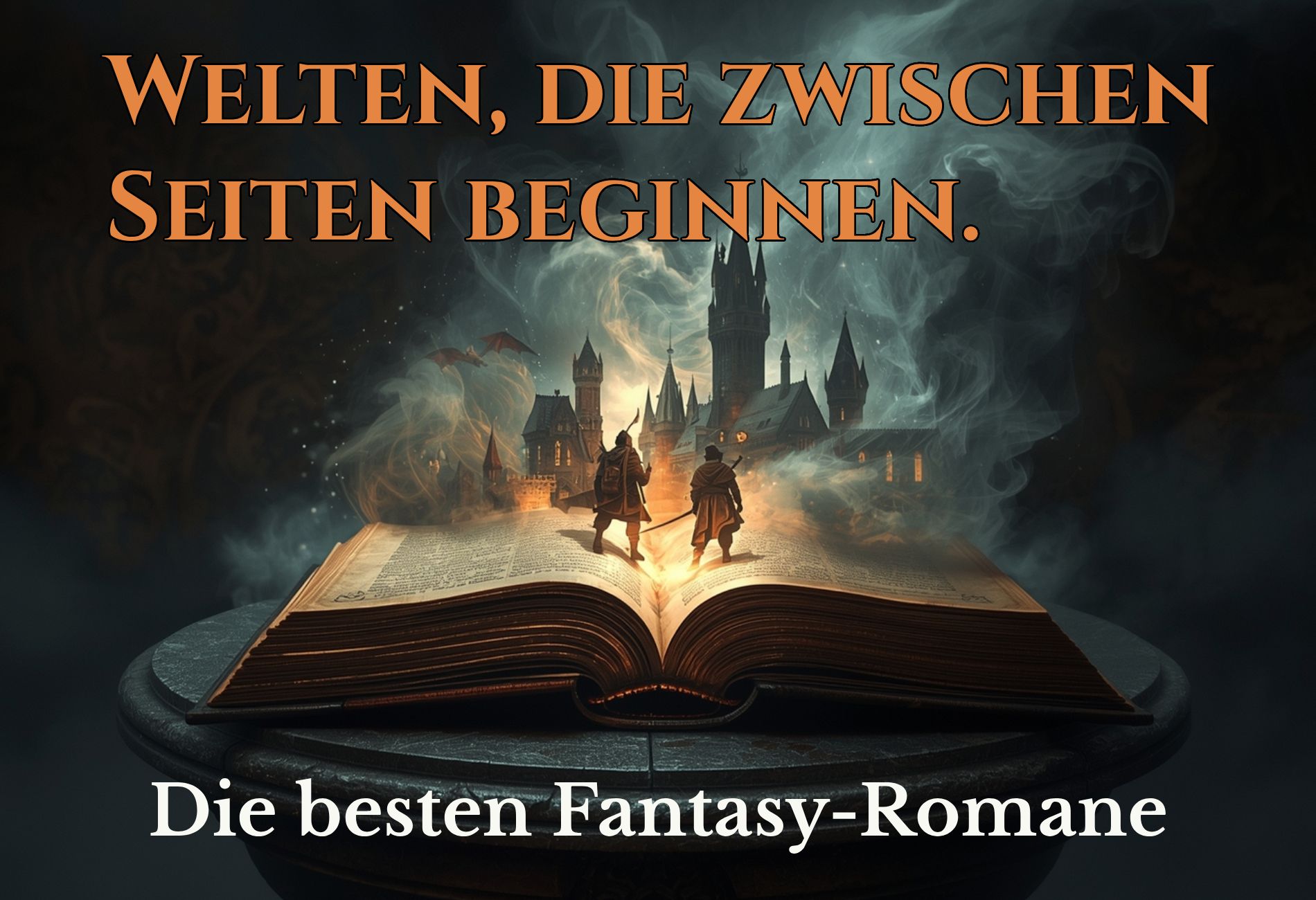 Ein altes, aufgeschlagenes Fantasybuch liegt auf einem Podest, aus seinen Seiten steigen Rauch und Magie auf. Zwei Figuren schreiten in eine leuchtende Burgkulisse, während ein Drache über ihnen kreist.